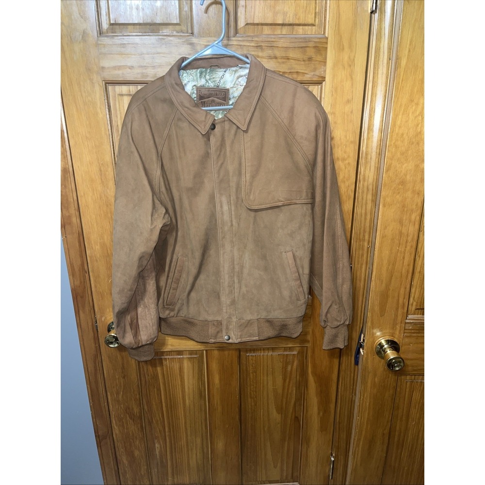 Vintage 90s Marlboro Brown Leather Bomber Jacket With Map Lining Design Men's L